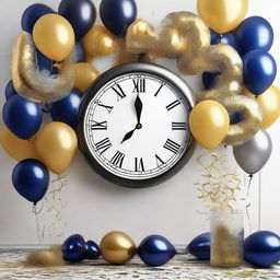 A vibrant, festive design for a New Year party featuring confetti, champagne, a countdown clock, and New Year's Eve decor in a lush, glittering color palette of golds, silvers and deep midnight blues. Balloons and streamers enhance the celebration atmosphere.