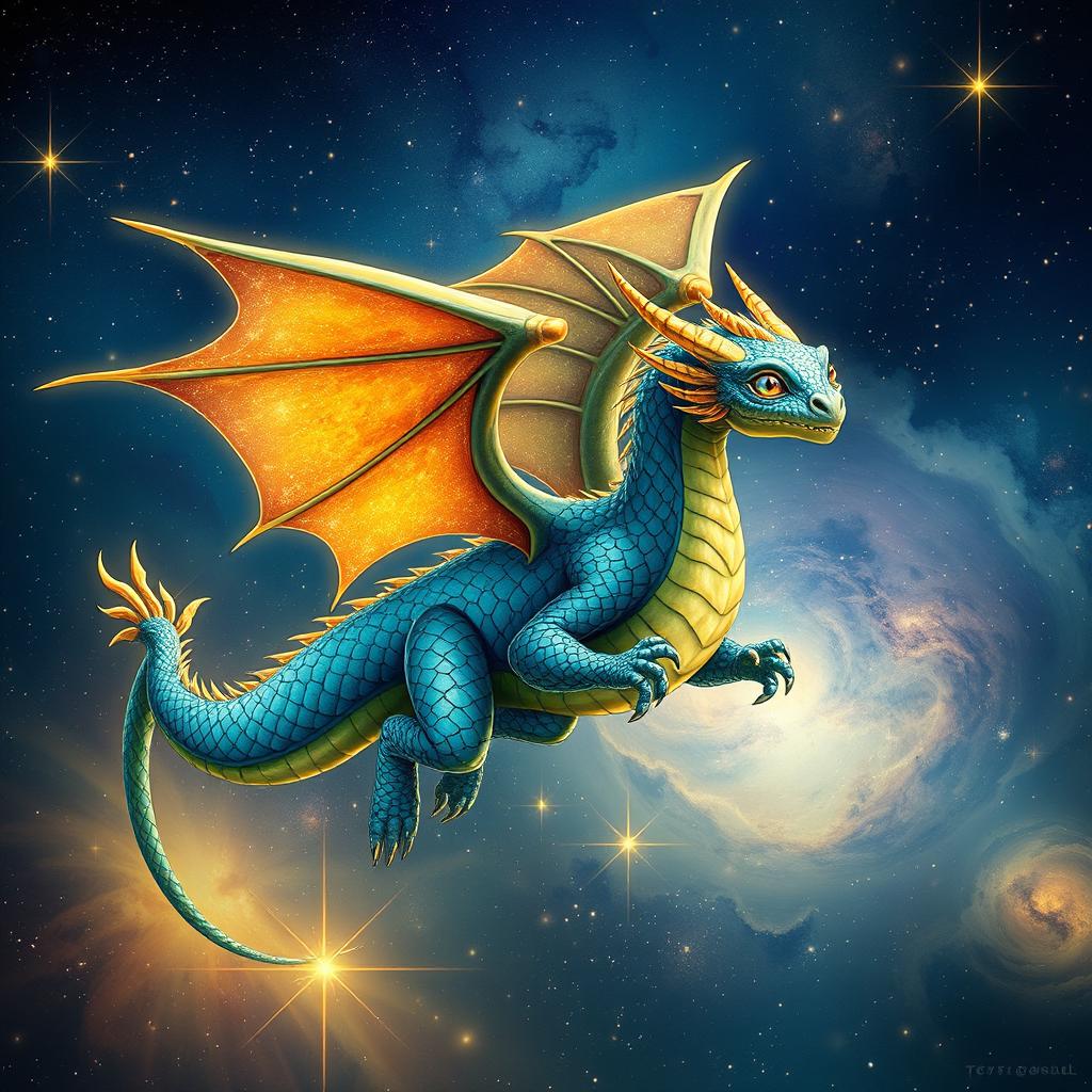A majestic celestial dragon soaring through the cosmos, its scales shimmering in vibrant colors of deep blue, green, and gold