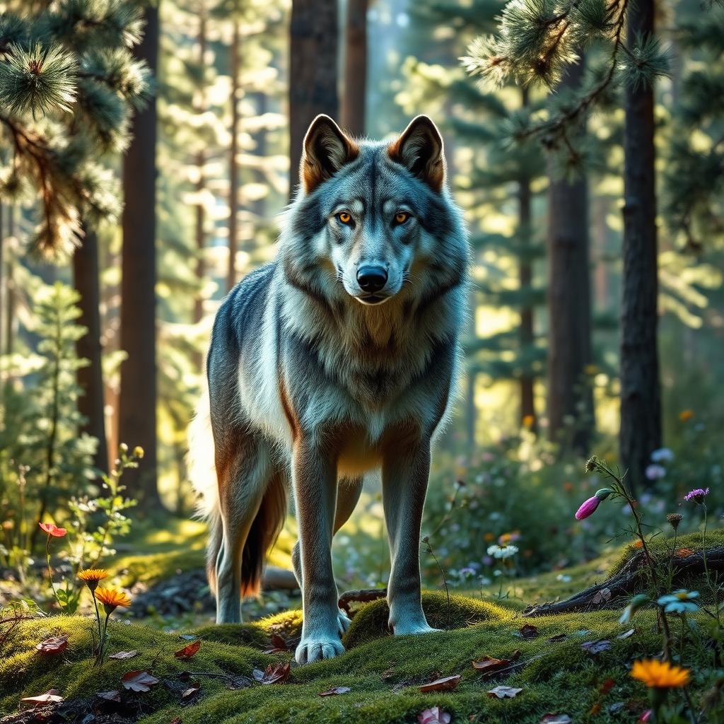 A majestic forest wolf standing proud among a lush, vibrant forest