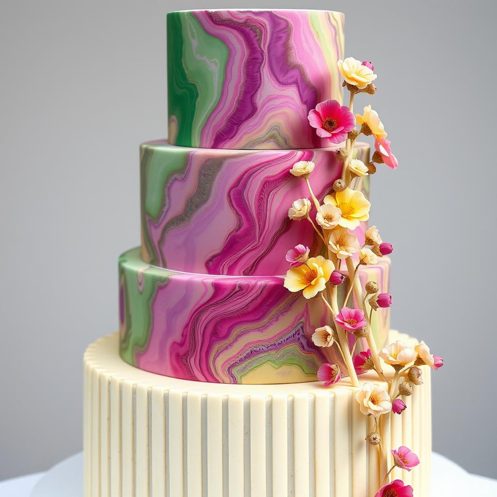 A beautifully crafted wedding cake featuring four distinct tiers