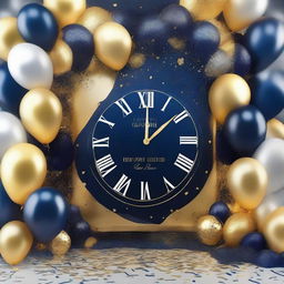 A vibrant, festive design for a New Year party featuring confetti, champagne, a countdown clock, and New Year's Eve decor in a lush, glittering color palette of golds, silvers and deep midnight blues. Balloons and streamers enhance the celebration atmosphere.