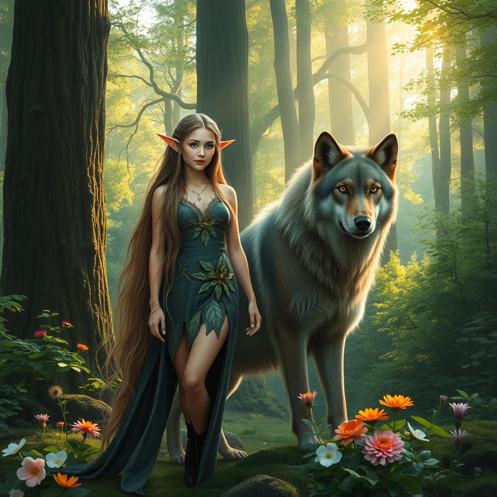 A mystical forest scene featuring a beautiful elf woman with long, flowing hair and intricate leaf-patterned clothing, gracefully standing beside a majestic forest wolf