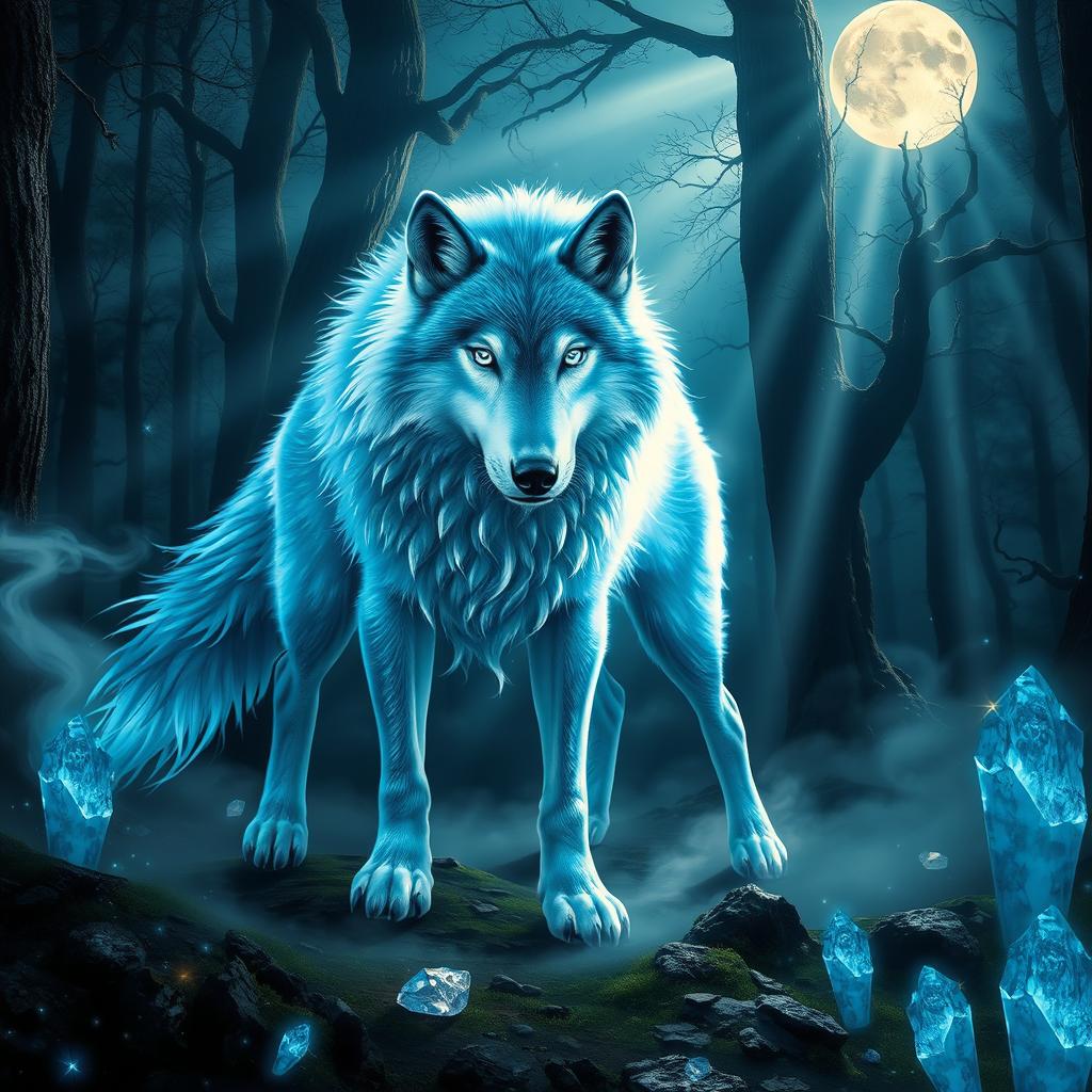 A majestic spirit wolf glowing with ethereal light, set against a mystical forest backdrop