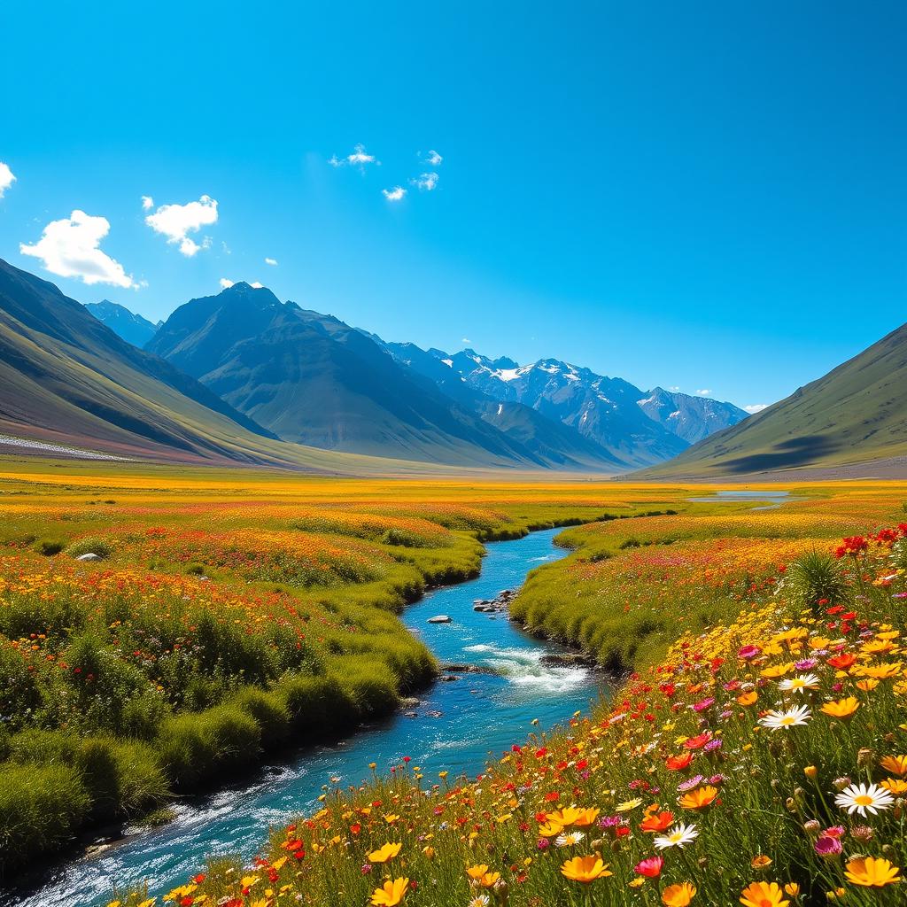 A stunning wild landscape featuring a sprawling valley filled with vibrant wildflowers in various colors, under a clear blue sky with a few fluffy clouds scattered across it