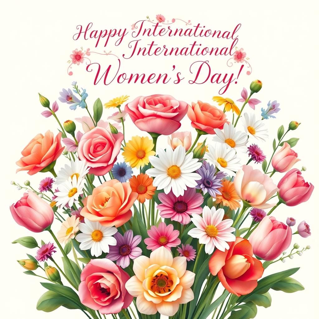 A beautiful International Women's Day postcard featuring a stunning arrangement of colorful flowers, including roses, daisies, and tulips