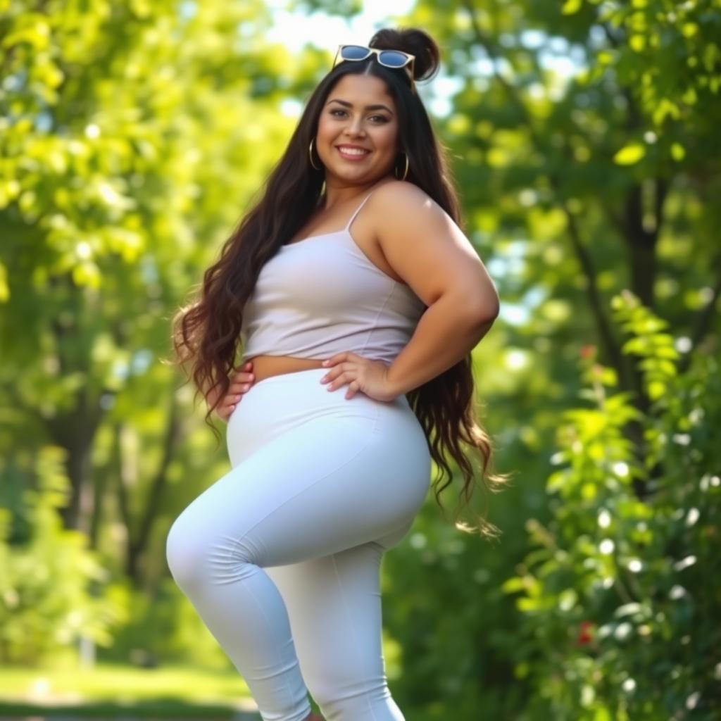 A stylish, curvy girl confidently wearing white leggings, showcasing her unique fashion sense