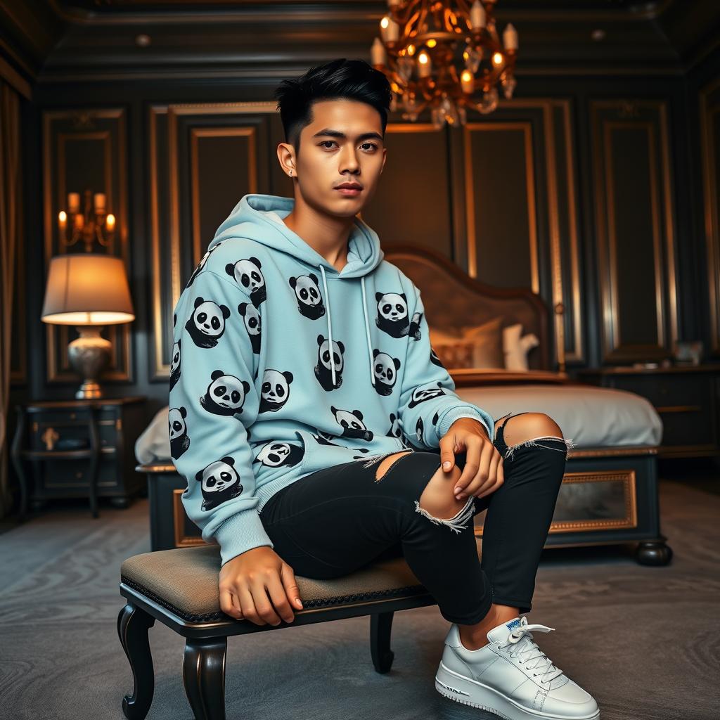 A handsome young East Asian man with a quiff hairstyle, wearing a light blue hoodie covered in black and white panda images