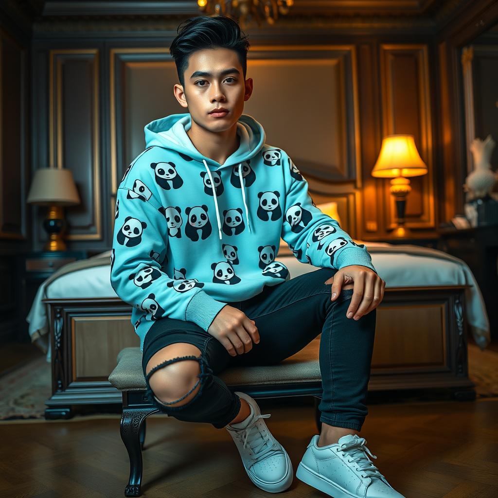 A handsome young East Asian man with a quiff hairstyle, wearing a light blue hoodie adorned with black and white panda designs throughout