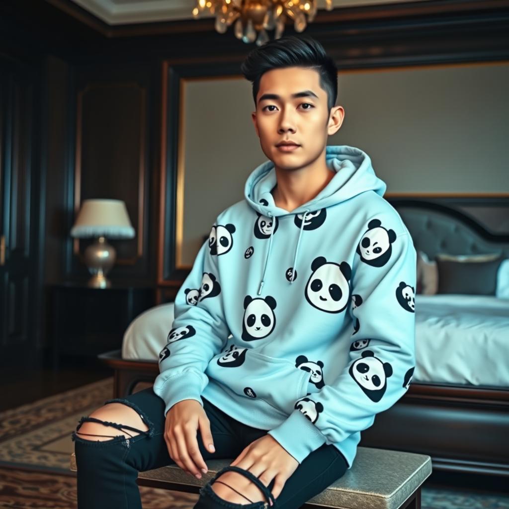 A handsome young East Asian man with smooth fair skin and a quiff hairstyle, wearing a light blue hoodie featuring black and white panda designs all over