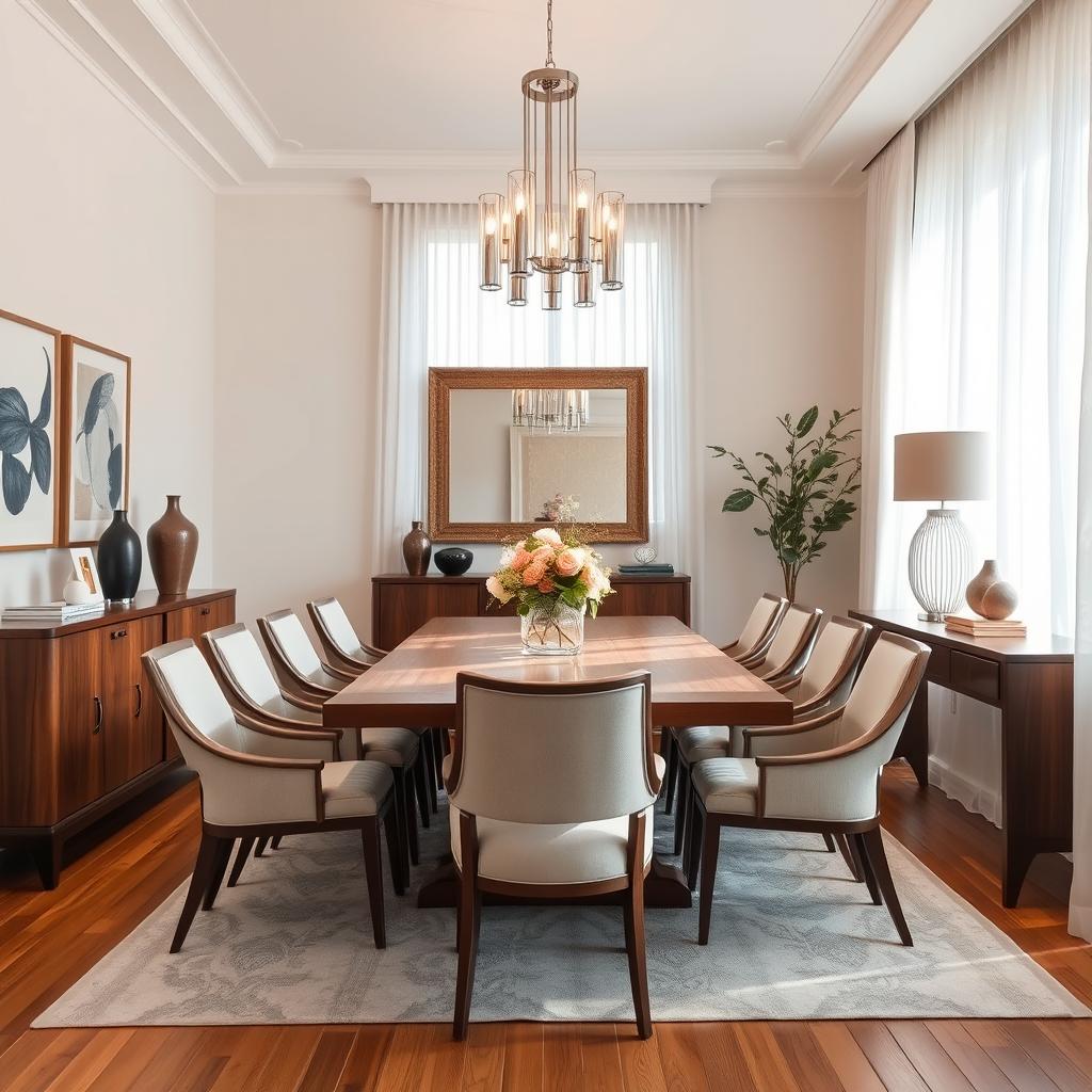 A beautifully designed dining room featuring a modern style with a large wooden dining table surrounded by elegant, cushioned chairs