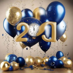 A vibrant, festive design for a New Year party featuring confetti, champagne, a countdown clock, and New Year's Eve decor in a lush, glittering color palette of golds, silvers and deep midnight blues. Balloons and streamers enhance the celebration atmosphere.