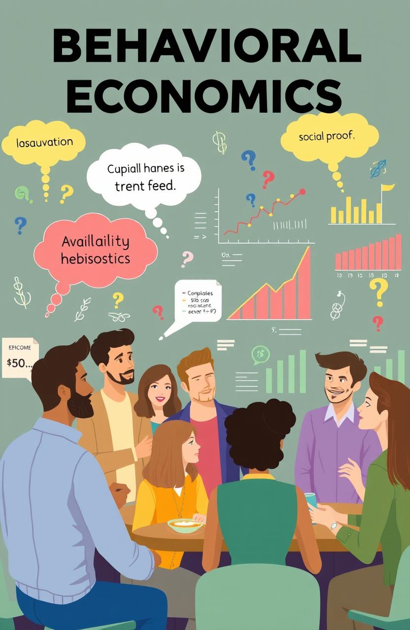 A visually engaging and educational representation of behavioral economics, featuring a group of diverse people engaging in economic decision-making