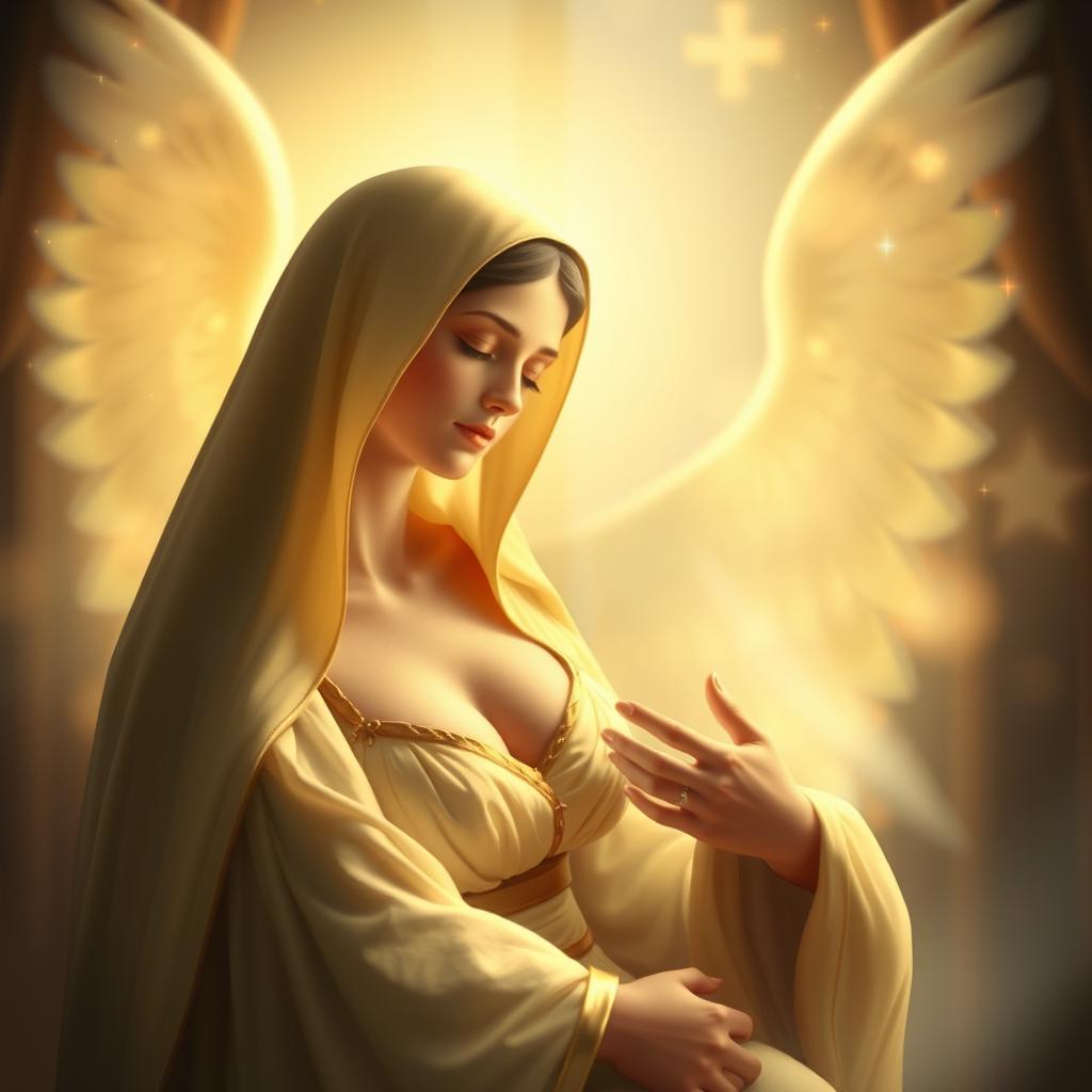 A heavenly scene depicting the Virgin Mary, the Immaculate Conception of Nazareth, in a serene and sacred atmosphere within her home