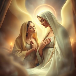 A heavenly scene depicting the Virgin Mary, the Immaculate Conception of Nazareth, in a serene and sacred atmosphere within her home