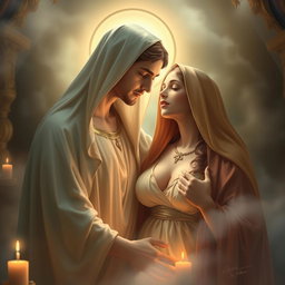 A heavenly scene depicting the Virgin Mary, the Immaculate Conception of Nazareth, in a serene and sacred atmosphere within her home