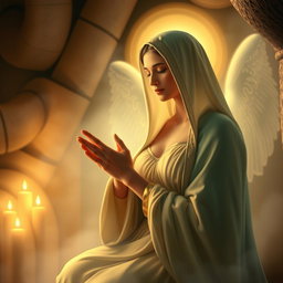 A heavenly scene depicting the Virgin Mary, the Immaculate Conception of Nazareth, in a serene and sacred atmosphere within her home