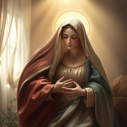 A divine and serene scene featuring the Virgin Mary, the Immaculate Conception of Nazareth, in a sacred and intimate moment within her home