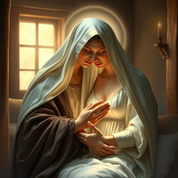 A divine and serene scene featuring the Virgin Mary, the Immaculate Conception of Nazareth, in a sacred and intimate moment within her home