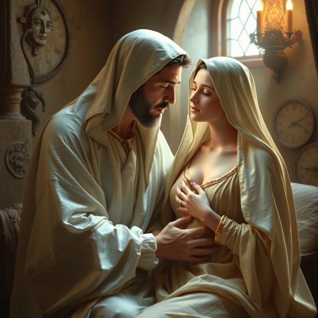 A divine and serene scene featuring the Virgin Mary, the Immaculate Conception of Nazareth, in a sacred and intimate moment within her home