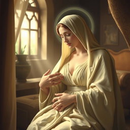 A divine and serene scene featuring the Virgin Mary, the Immaculate Conception of Nazareth, in a sacred and intimate moment within her home