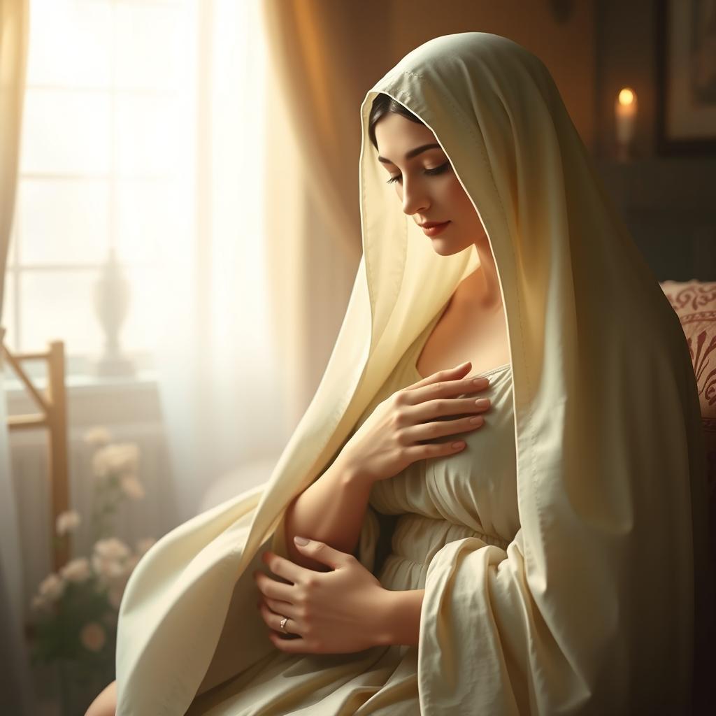 A serene and ethereal interpretation of the Virgin Mary, the Immaculate Conception of Nazareth, in a sacred and intimate setting within her home