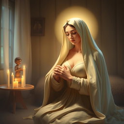 A serene and ethereal interpretation of the Virgin Mary, the Immaculate Conception of Nazareth, in a sacred and intimate setting within her home
