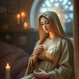 A serene and ethereal interpretation of the Virgin Mary, the Immaculate Conception of Nazareth, in a sacred and intimate setting within her home