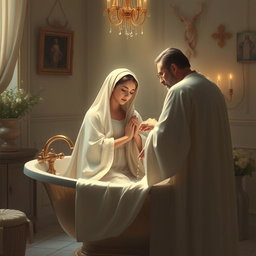 A serene and beautifully artistic interpretation of the Virgin Mary, the Immaculate Conception of Nazareth, taking a bath in her home, accompanied by God the Father