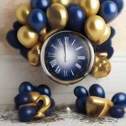 A vibrant, festive design for a New Year party featuring confetti, champagne, a countdown clock, and New Year's Eve decor in a lush, glittering color palette of golds, silvers and deep midnight blues. Balloons and streamers enhance the celebration atmosphere.