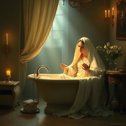 A serene and beautifully artistic interpretation of the Virgin Mary, the Immaculate Conception of Nazareth, taking a bath in her home, accompanied by God the Father
