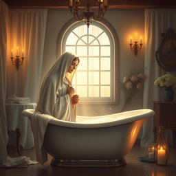 A serene and beautifully artistic interpretation of the Virgin Mary, the Immaculate Conception of Nazareth, taking a bath in her home, accompanied by God the Father