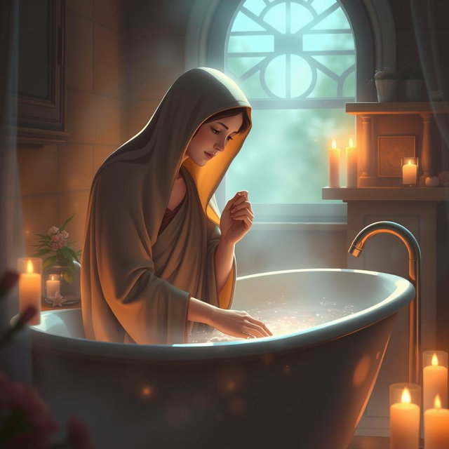 A picturesque and ethereal scene featuring the Virgin Mary, the Immaculate Conception of Nazareth, taking a bath in her home, accompanied by God the Father
