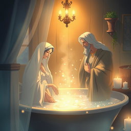 A picturesque and ethereal scene featuring the Virgin Mary, the Immaculate Conception of Nazareth, taking a bath in her home, accompanied by God the Father