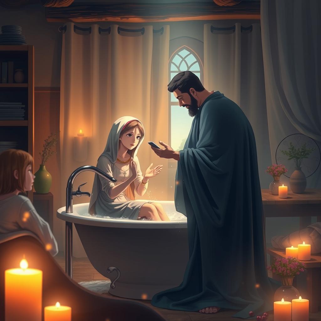 A picturesque and ethereal scene featuring the Virgin Mary, the Immaculate Conception of Nazareth, taking a bath in her home, accompanied by God the Father