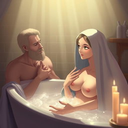 An artistic and ethereal scene of the Virgin Mary, the Immaculate Conception of Nazareth, taking a bath in her home alongside God the Father