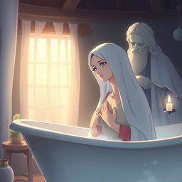 An artistic and ethereal scene of the Virgin Mary, the Immaculate Conception of Nazareth, taking a bath in her home alongside God the Father