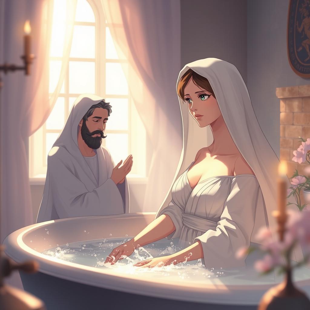 An artistic and ethereal scene of the Virgin Mary, the Immaculate Conception of Nazareth, taking a bath in her home alongside God the Father
