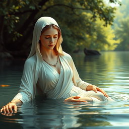 A serene and artistic scene depicting the Virgin Mary, the Immaculate Conception of Nazareth, bathing in a tranquil lake alongside God the Father