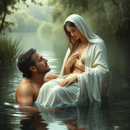 A serene and artistic scene depicting the Virgin Mary, the Immaculate Conception of Nazareth, bathing in a tranquil lake alongside God the Father