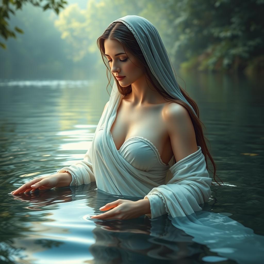 A serene and artistic scene depicting the Virgin Mary, the Immaculate Conception of Nazareth, bathing in a tranquil lake alongside God the Father