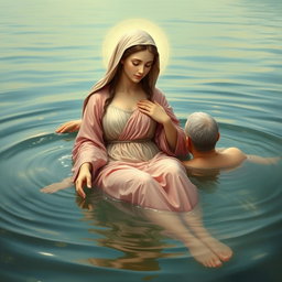 A serene and artistic depiction of the Virgin Mary, the Immaculate Conception of Nazareth, bathing in a beautiful lake alongside God the Father