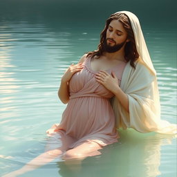 A serene and artistic depiction of the Virgin Mary, the Immaculate Conception of Nazareth, bathing in a beautiful lake alongside God the Father