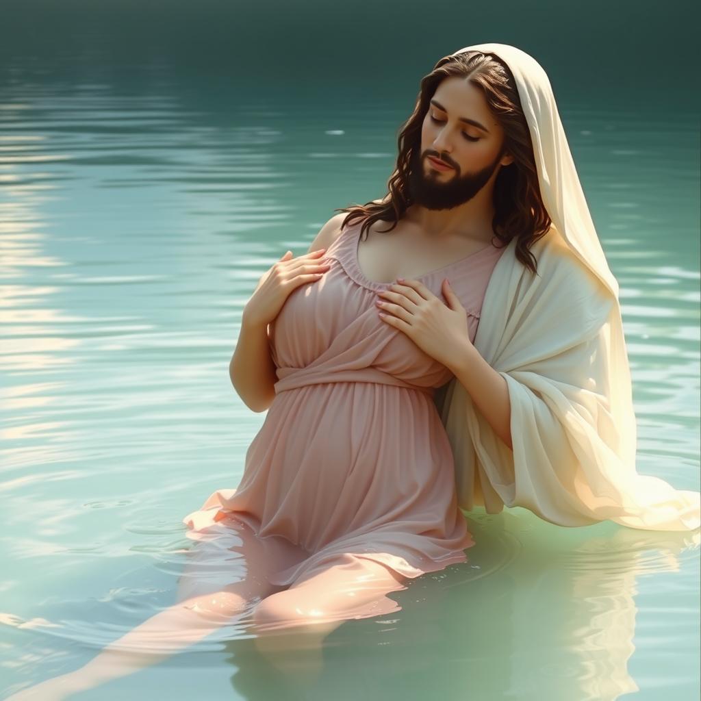 A serene and artistic depiction of the Virgin Mary, the Immaculate Conception of Nazareth, bathing in a beautiful lake alongside God the Father