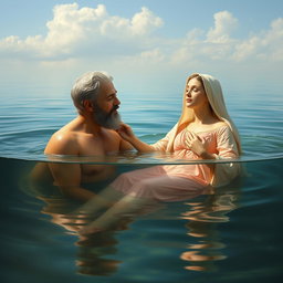 A serene and artistic depiction of the Virgin Mary, the Immaculate Conception of Nazareth, bathing in a beautiful lake alongside God the Father