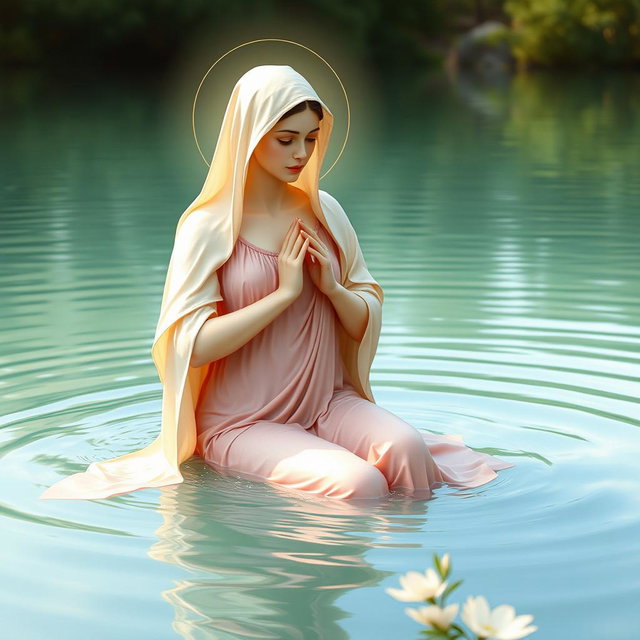 A serene and artistic depiction of the Virgin Mary, the Immaculate Conception of Nazareth, bathing in a beautiful lake alongside God the Father