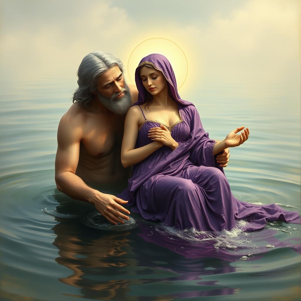 A beautiful and artistic portrayal of the Virgin Mary, the Immaculate Conception of Nazareth, bathing in a serene lake alongside God the Father