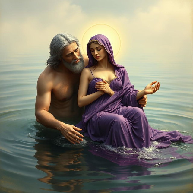 A beautiful and artistic portrayal of the Virgin Mary, the Immaculate Conception of Nazareth, bathing in a serene lake alongside God the Father