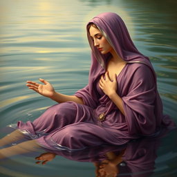 A beautiful and artistic portrayal of the Virgin Mary, the Immaculate Conception of Nazareth, bathing in a serene lake alongside God the Father