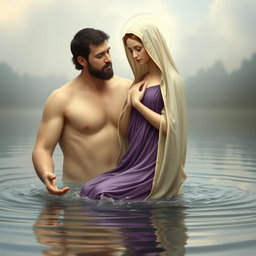 A beautiful and artistic portrayal of the Virgin Mary, the Immaculate Conception of Nazareth, bathing in a serene lake alongside God the Father