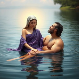 A serene and artistic representation of the Virgin Mary, the Immaculate Conception of Nazareth, bathing in a tranquil lake alongside God the Father